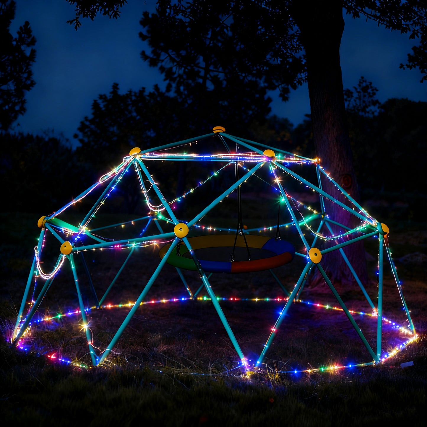 10FT Climbing Dome with Swing and String Light, Outdoor Jungle Gym for Kids, Geometric Dome Climber Supporting 880 Lbs Anti-Rust Metal Outdoor Play Structure