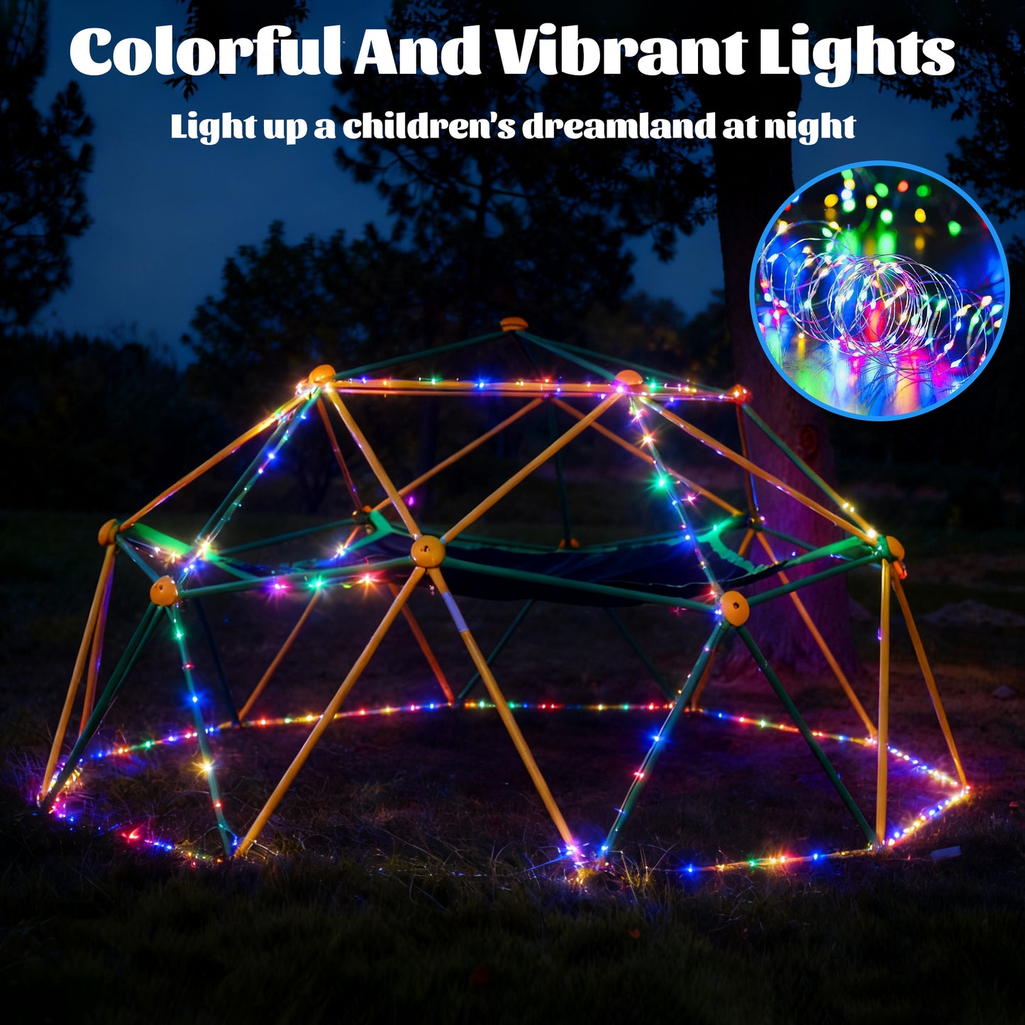 10FT Climbing Dome with Hammock and Led String Light, Kids Geometric Climber Dome Jungle Gym Outdoor Play Toddler Play Set for Ages 3-10, Supports up to 880lbs