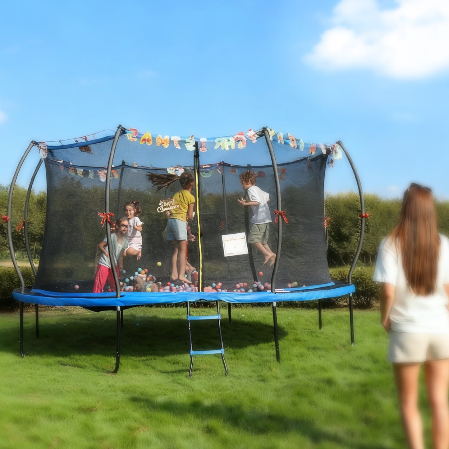 Outdoor Trampoline,10FT/12FT/14FT /16FT Trampoline with LED Lights, Recreational Backyard Trampolines Anti-Rust for Kids and Adults with Net and Ladder