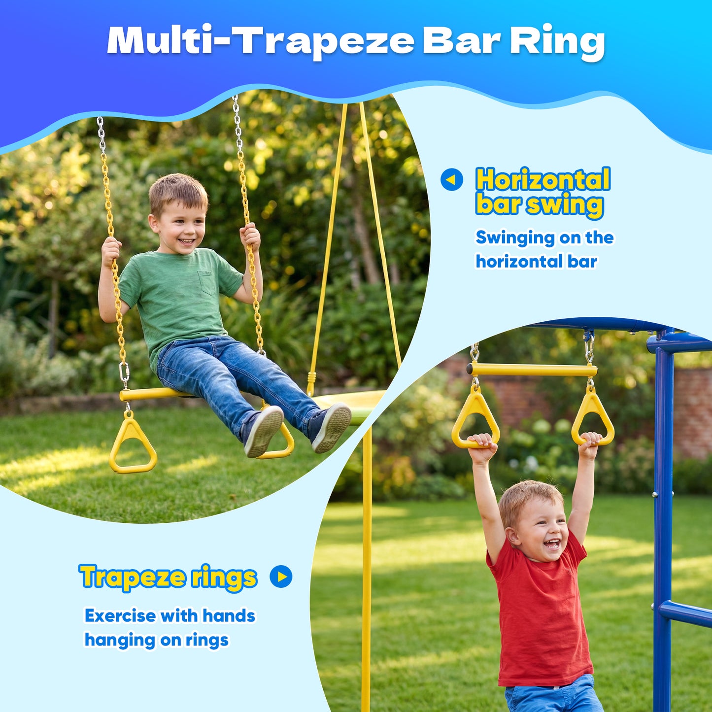Swing Sets,Fashionsport Outfitters Heavy-Duty Metal Swing sets for Backyard, Playground,Outside Toys with Climber Net,Climber Wall,Saucer Swing,Wave Slide,Belt Swing ,Trapeze Bar for 7 Kids Aged 3-12