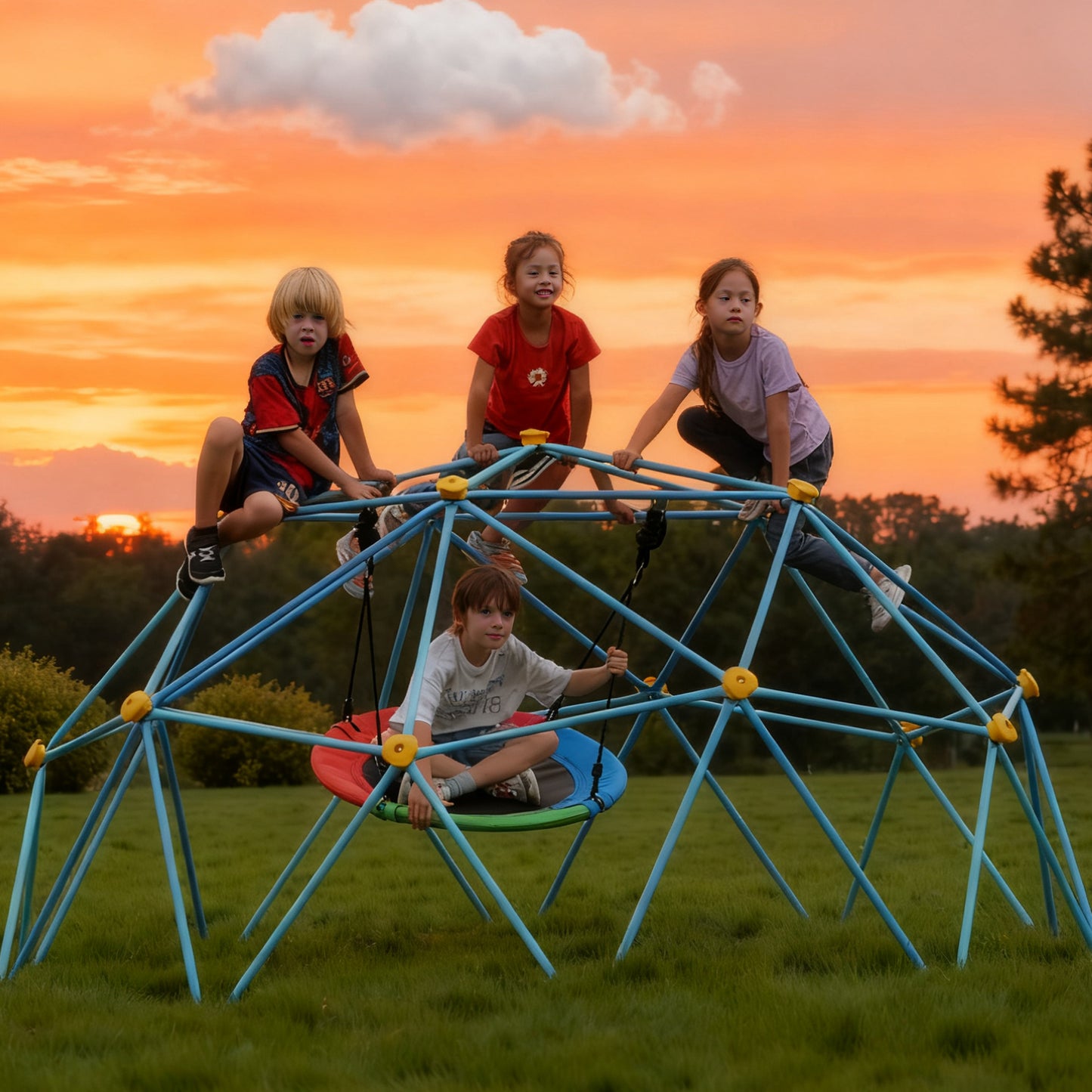 10FT Climbing Dome with Swing and String Light, Outdoor Jungle Gym for Kids, Geometric Dome Climber Supporting 880 Lbs Anti-Rust Metal Outdoor Play Structure