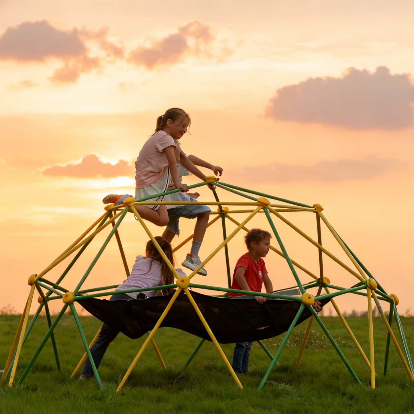 10FT Climbing Dome with Hammock and Led String Light, Kids Geometric Climber Dome Jungle Gym Outdoor Play Toddler Play Set for Ages 3-10, Supports up to 880lbs