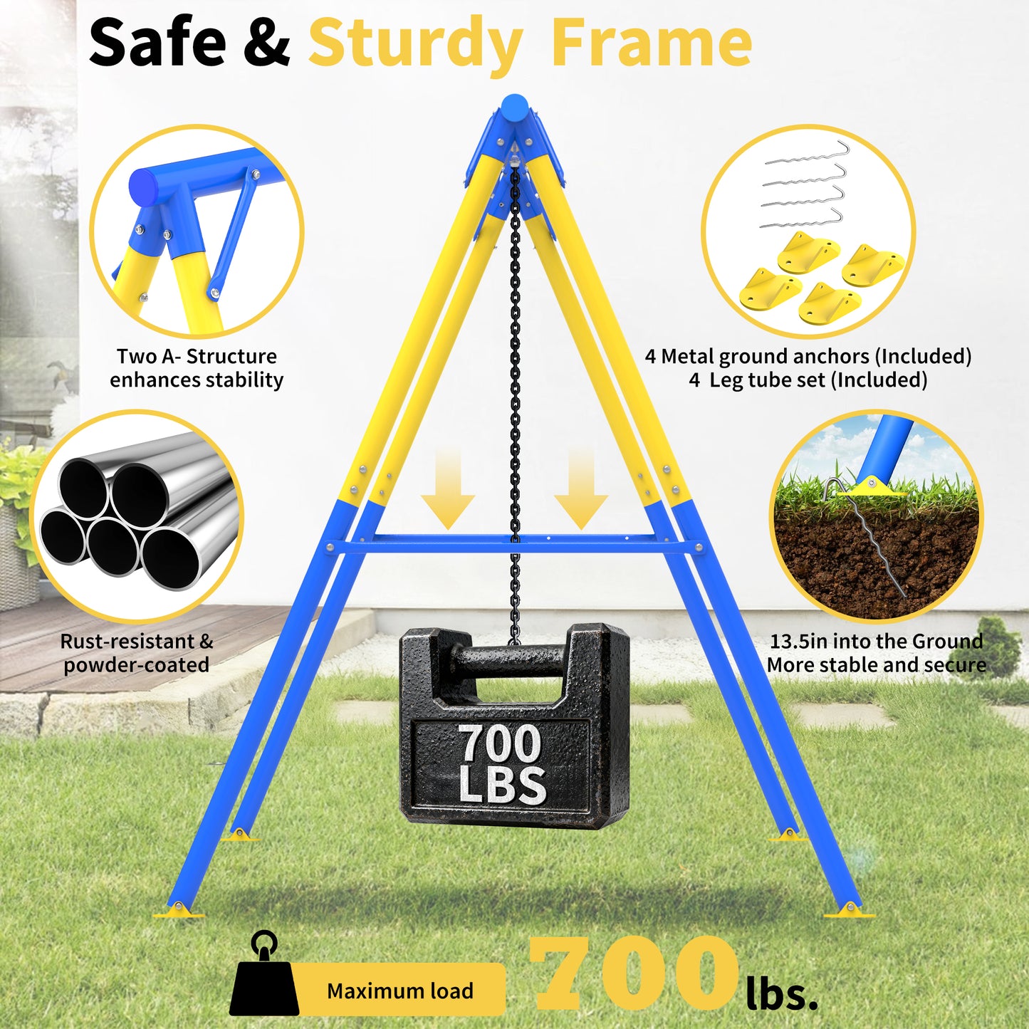 5-in-1 Swing Set,Metal Swing Sets for Backyard,Heavy-Duty Outdoor Kids Playsets for Playground,Outside Play Toys with Bonus Trapeze Bar Ring Great for Aged 3-12