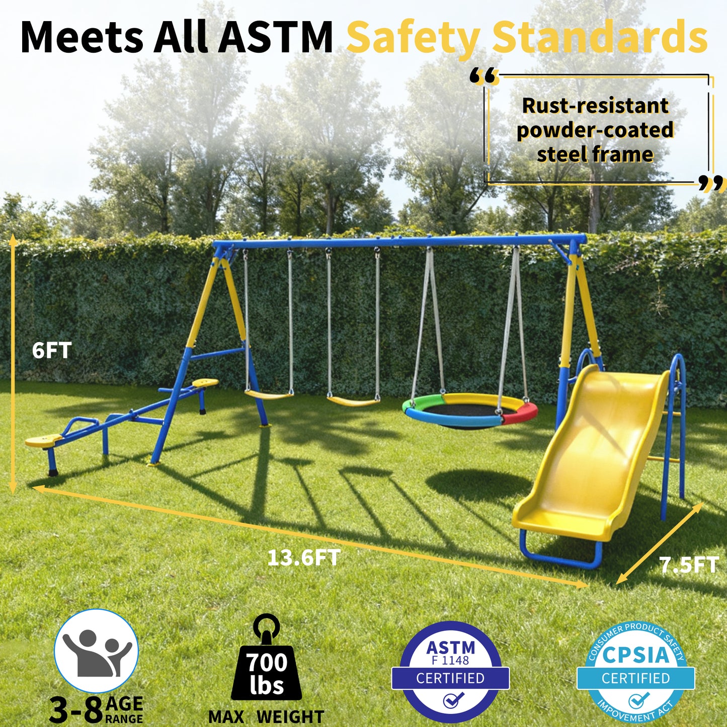 5-in-1 Swing Set,Metal Swing Sets for Backyard,Heavy-Duty Outdoor Kids Playsets for Playground,Outside Play Toys with Bonus Trapeze Bar Ring Great for Aged 3-12