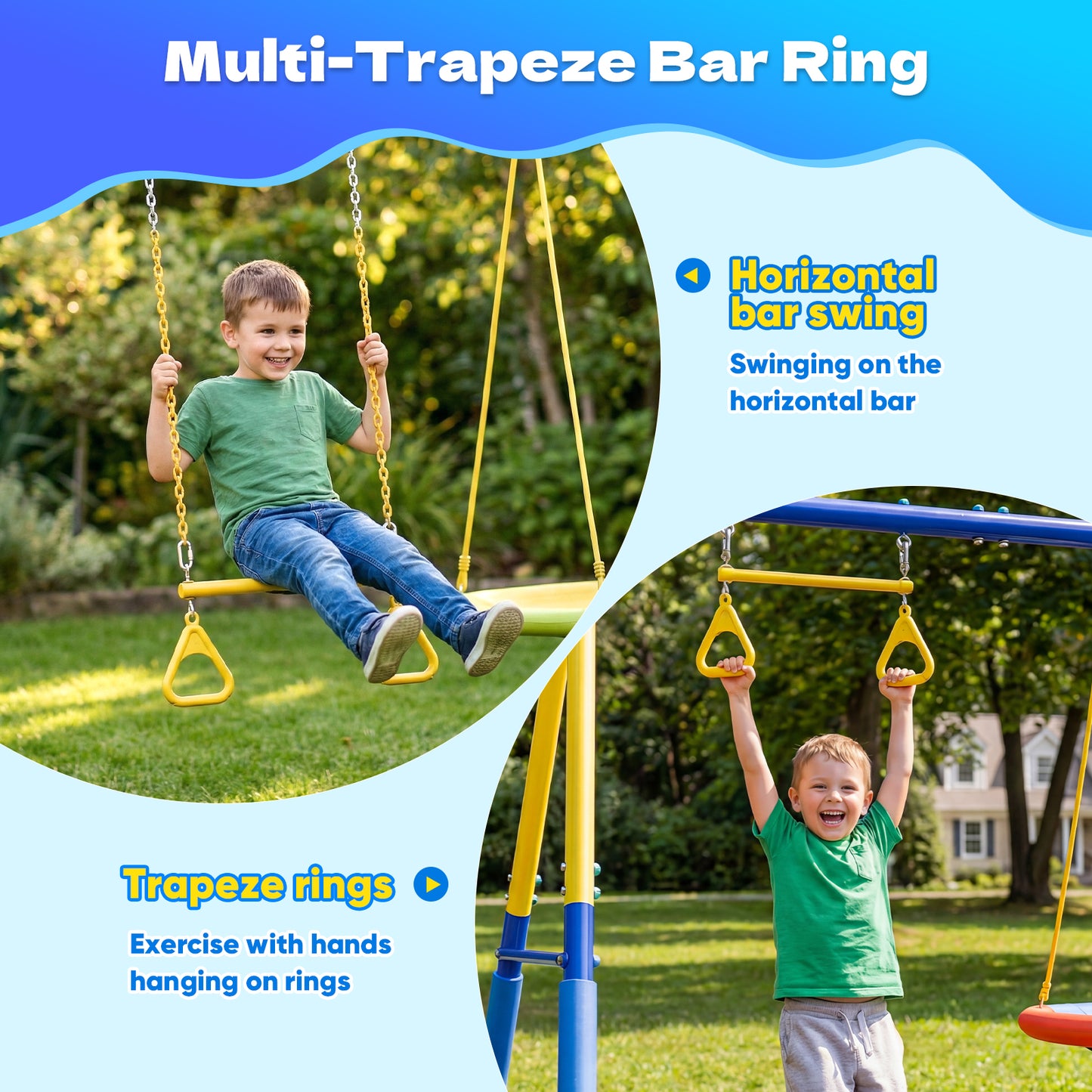 7in1 Swing Sets,Fashionsport Heavy-Duty Outdoor Metal Swing sets for Backyard,Outside Toys with Saucer Swing,Wave Slide,Glider,Belt Swing,Trapeze Bar,Standing Swing,Teeter Totters for Aged 3-12