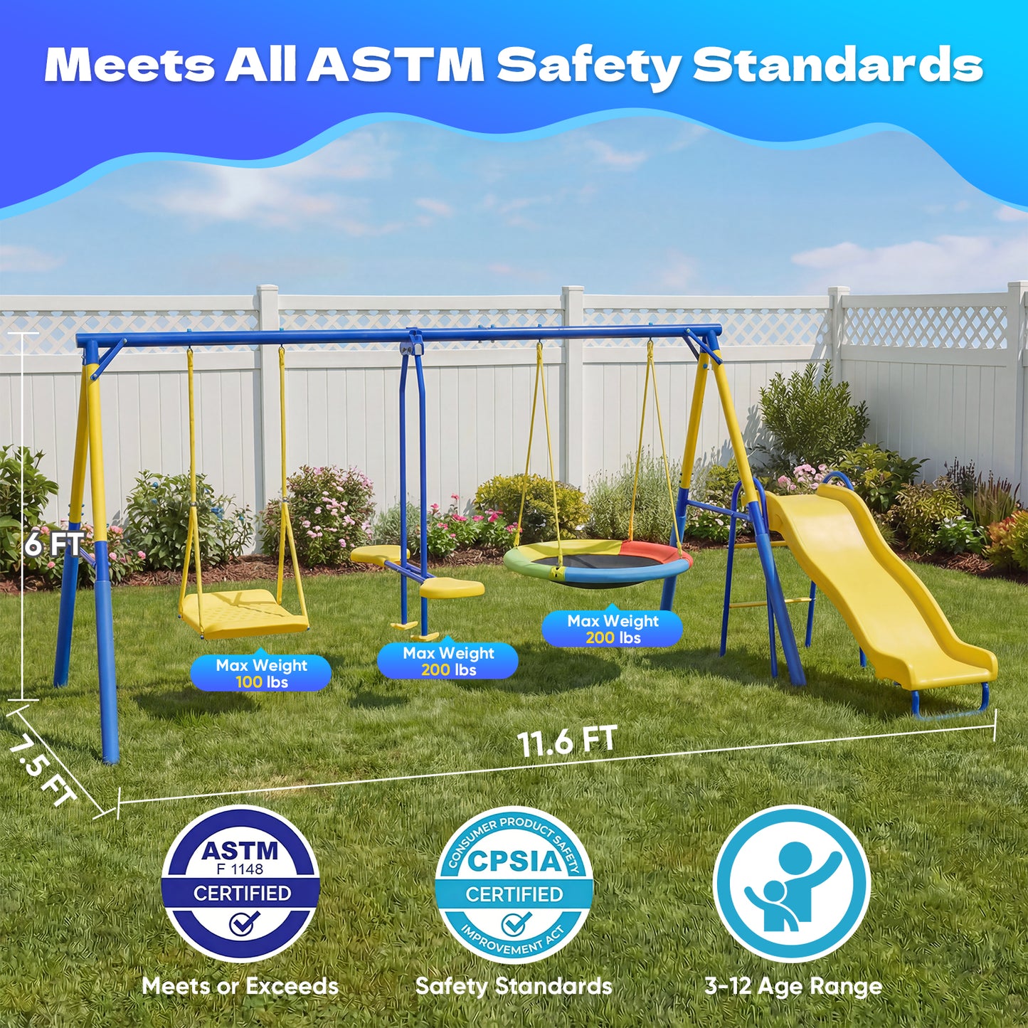 Swing Sets 6 Kids Play,Fashionsport Outfitters Heavy-Duty Outdoor Metal Swing sets for Backyard,Playground,Outside Toys with Saucer Swing,Wave Slide,Glider,Standing Swing for Aged 3-12
