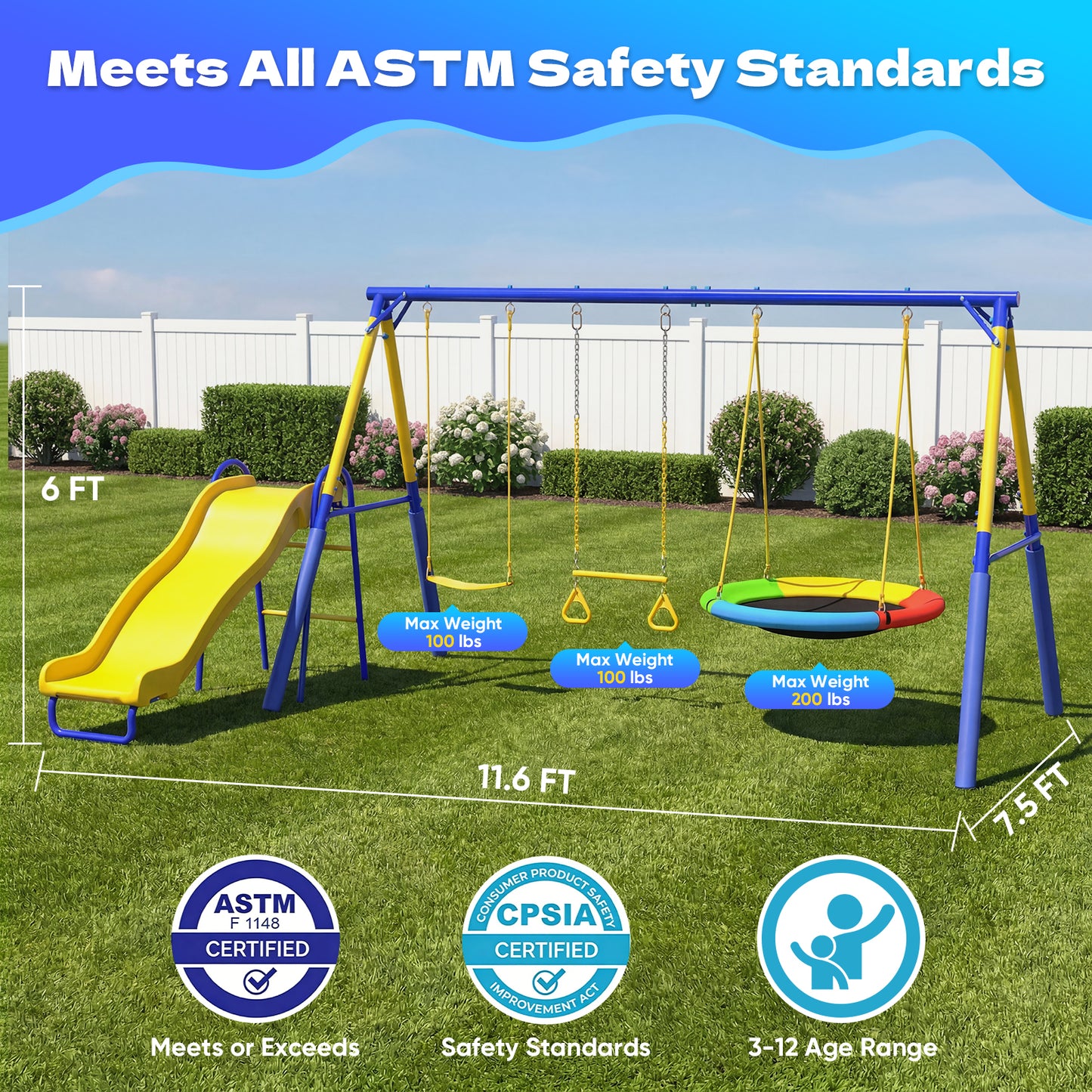 Swing Sets for Backyard,Fashionsport Outfitters Heavy-Duty Outdoor Kids Metal Swing sets for Playground,Outside Toys with Saucer Swing,Wave Slide,Belt Swing ,Trapeze Bar Ring for Kids Aged 3-12