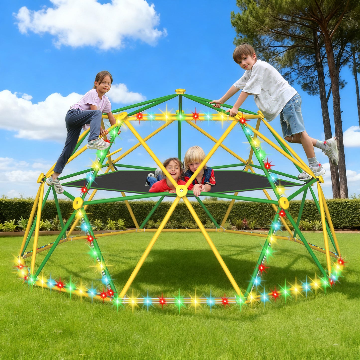 10FT Climbing Dome with Hammock and Led String Light, Kids Geometric Climber Dome Jungle Gym Outdoor Play Toddler Play Set for Ages 3-10, Supports up to 880lbs