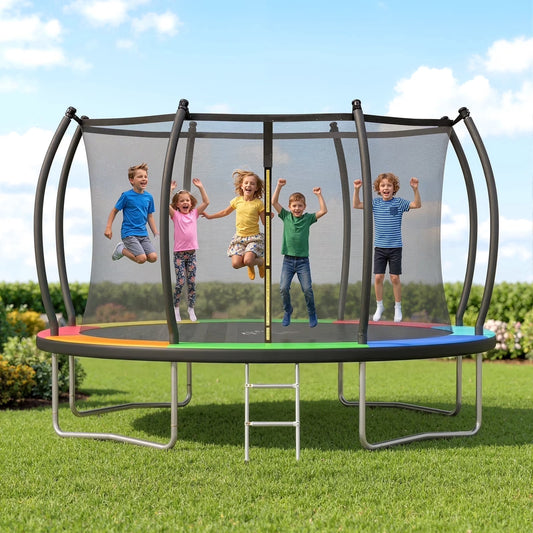 Outdoor Trampoline,Fashionsport Outfitters 8FT/10FT/12FT/14FT Round Jumping Trampoline with Enclosure Net and Ladder,Recreational Backyard Trampolines Anti-Rust for Kids Birthday Gift