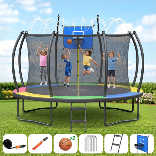 Outdoor Trampoline,Fashionsport Outfitters 8FT/12FT/14FT/16FT Round Jumping Trampoline with Ladder,Sprinkler,Basketball Hoop Board,Recreational Backyard Trampolines Anti-Rust for Kids Gift