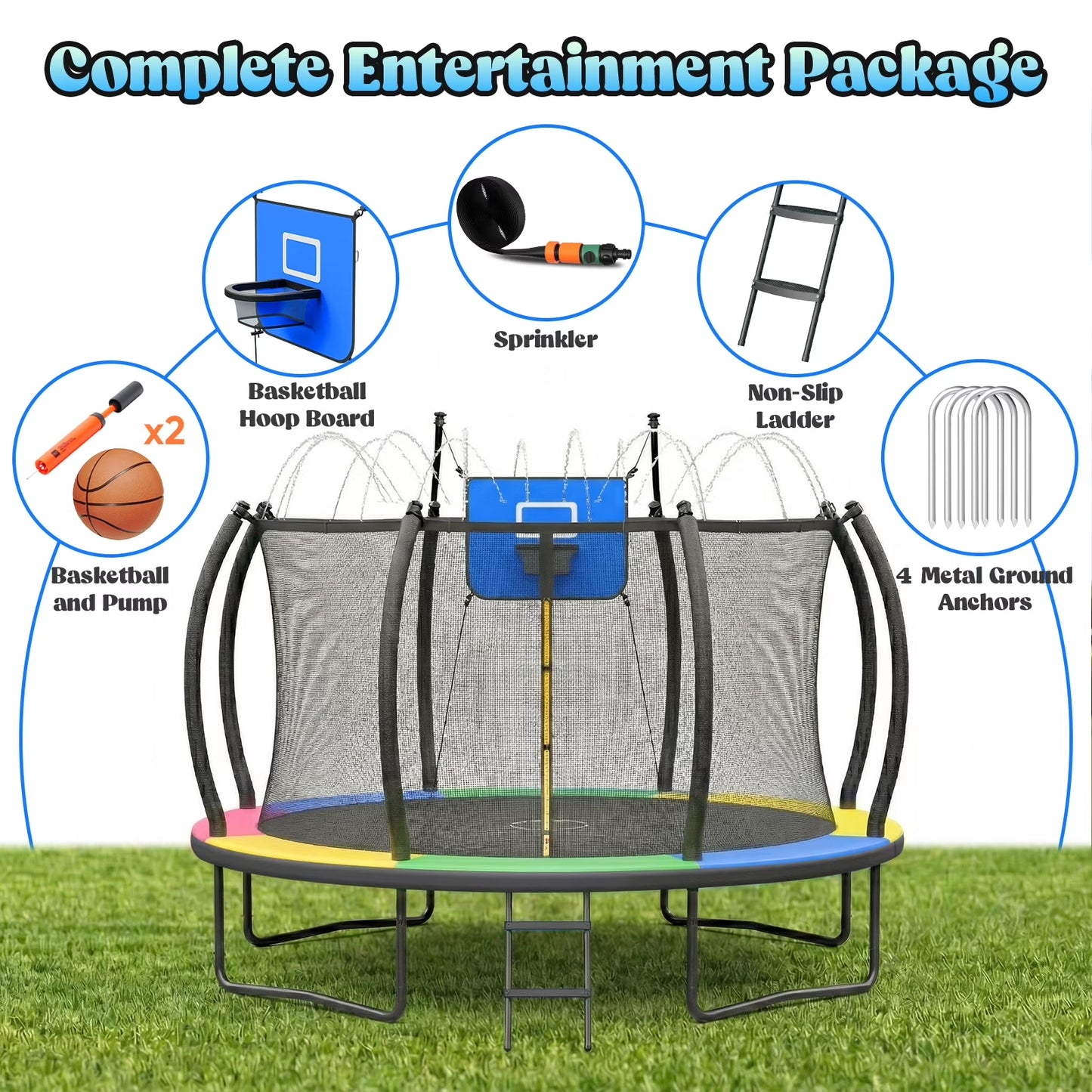 Outdoor Trampoline,Fashionsport Outfitters 8FT/12FT/14FT/16FT Round Jumping Trampoline with Ladder,Sprinkler,Basketball Hoop Board,Recreational Backyard Trampolines Anti-Rust for Kids Gift