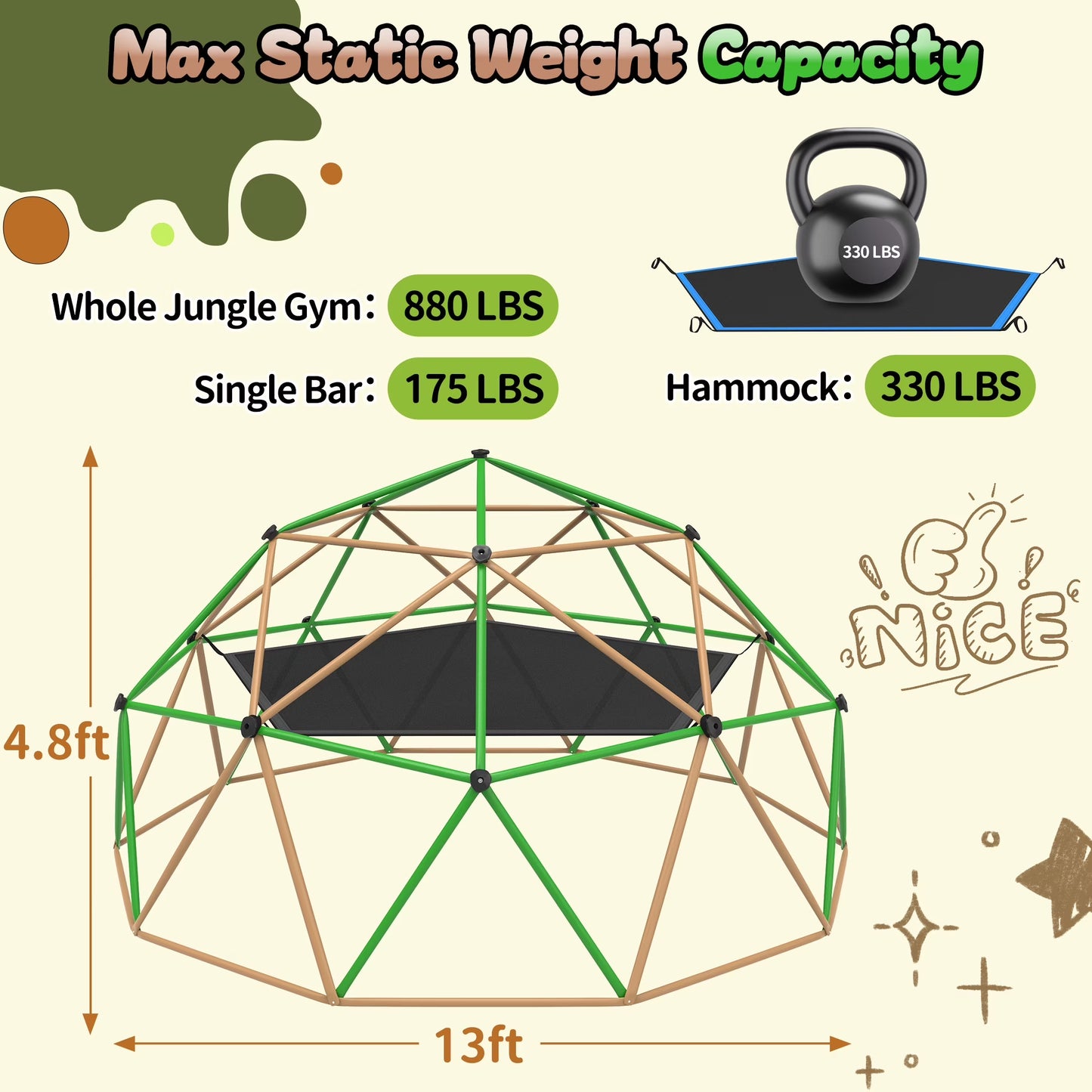 13FT Climbing Dome with Hammock,Fashionsport Outfitters Kids Geometric Climber Dome Jungle Gym Outdoor Play Toddler Play Set for Ages 3-12, Supports up to 880lbs