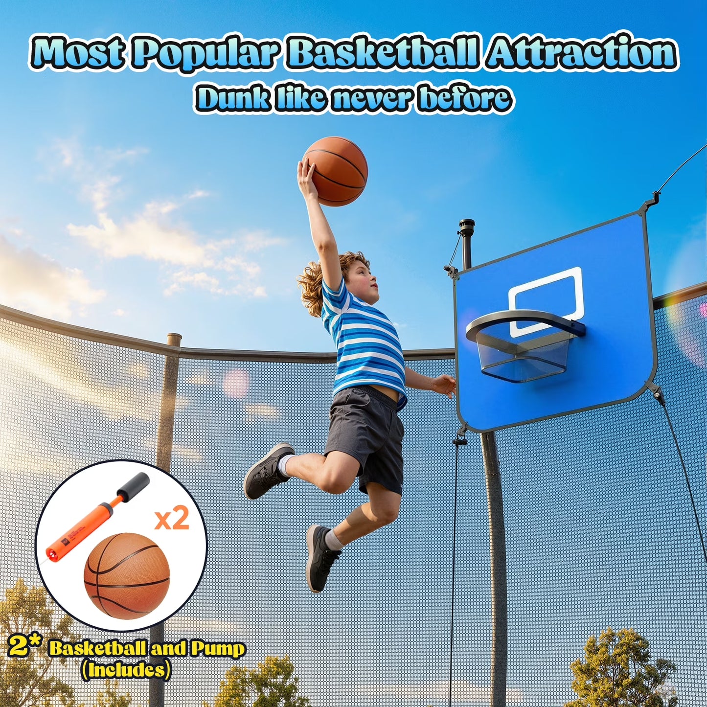 Outdoor Trampoline,Fashionsport Outfitters 8FT/12FT/14FT/16FT Round Jumping Trampoline with Ladder,Sprinkler,Basketball Hoop Board,Recreational Backyard Trampolines Anti-Rust for Kids Gift
