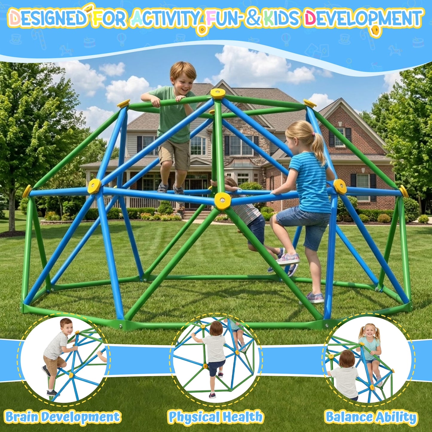 6FT Climbing Dome with Hammock,Fashionsport Outfitters Kids Geometric Climber Dome Jungle Gym Outdoor Play Toddler Play Set for Ages 3-12